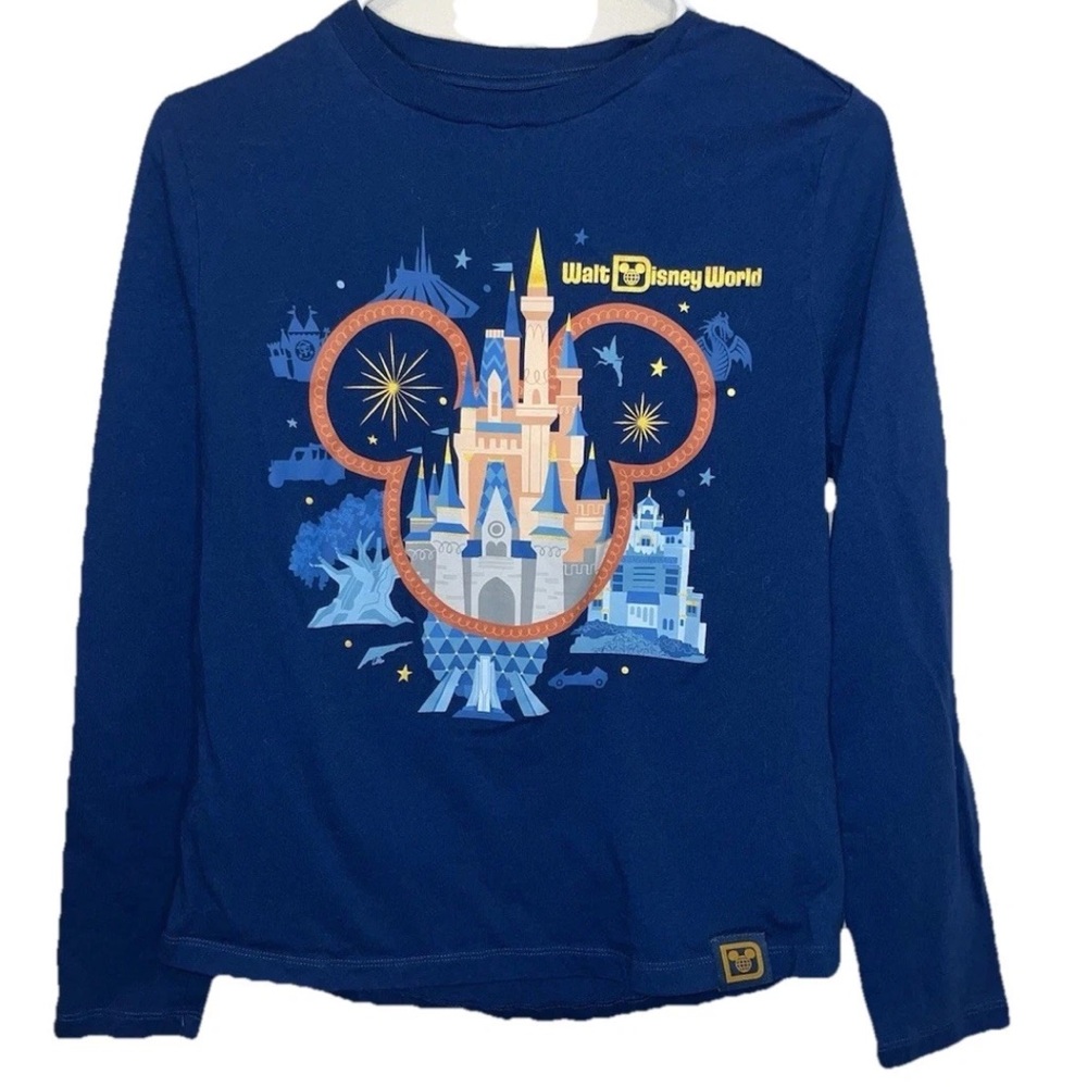 Disney World Mickey Castle Graphic Long Sleeve Shirt Size M Blue Gold EUC